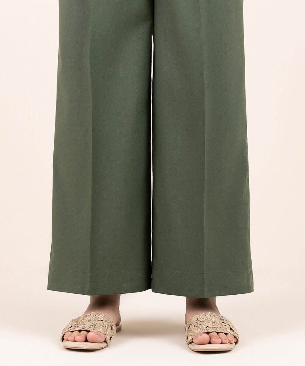 Olive Green Solid-Color Cotton Trouser