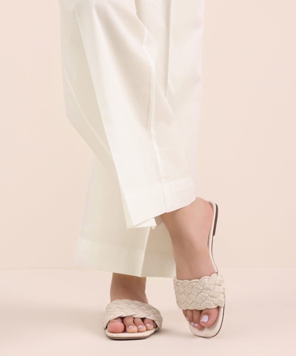 White Solid-Color Cotton Trouser