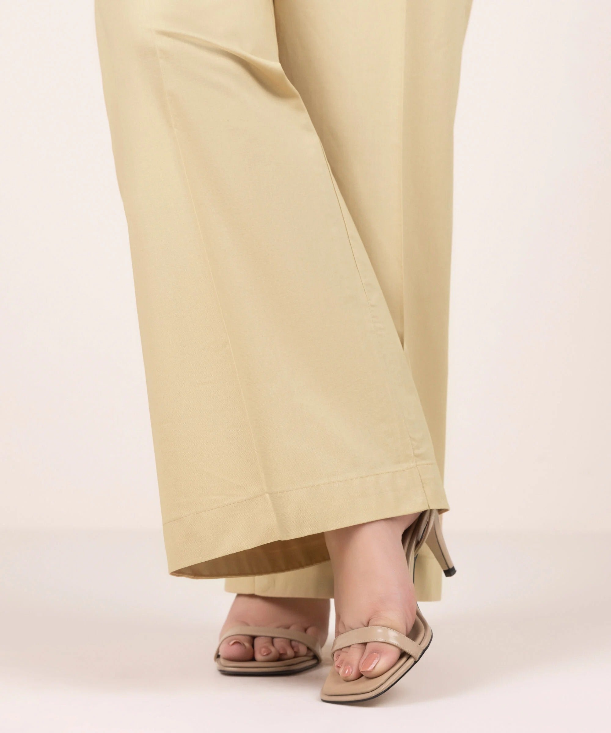 Beige Solid-Color Cotton Trouser