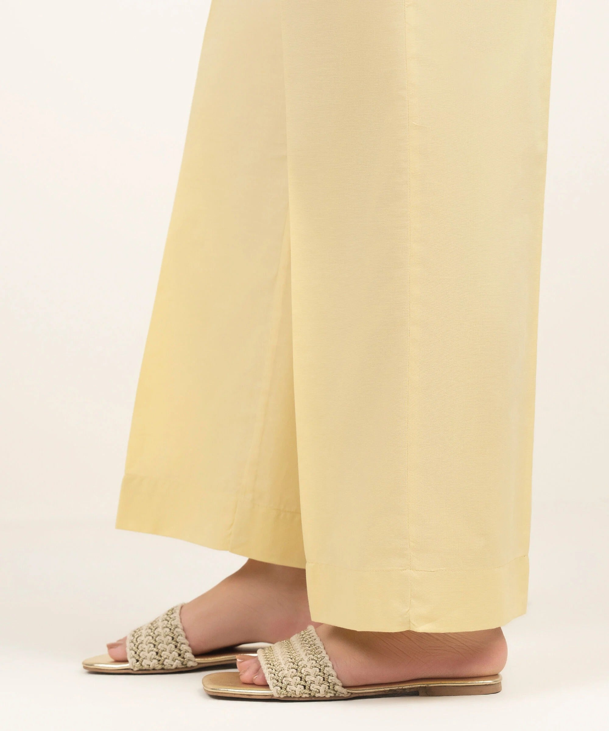 Pale Yellow Solid-Color Cotton Trouser